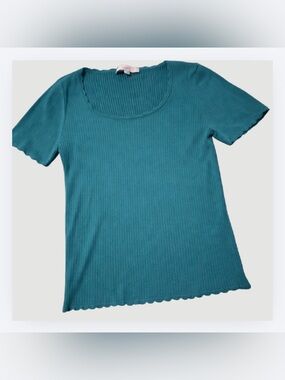 LOFT Teal Ribbed Scoopneck Short Sleeve Tee, Size L